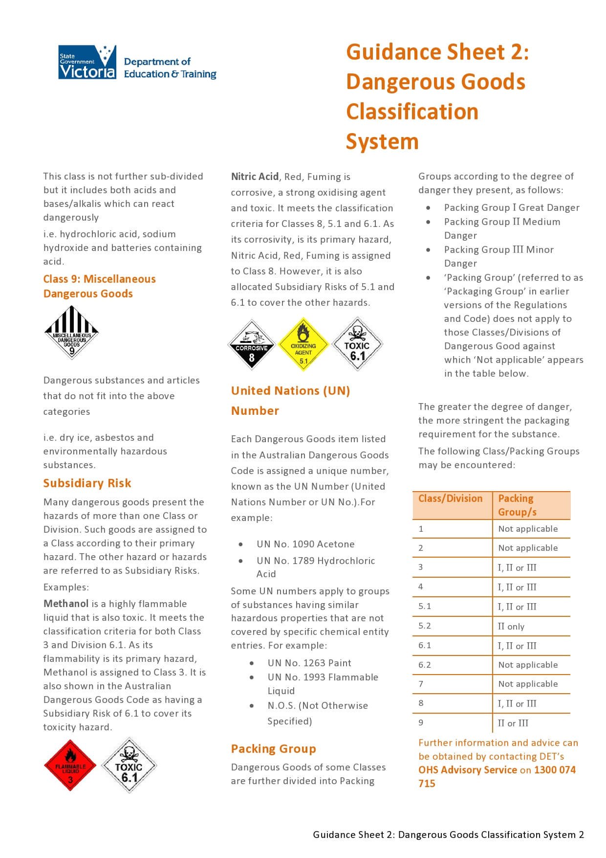 Guidance Sheet 2: Dangerous Goods Classification System (continued)